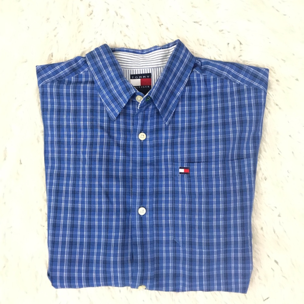 Tommy Hilfiger blue shirt sleeve plaid button down